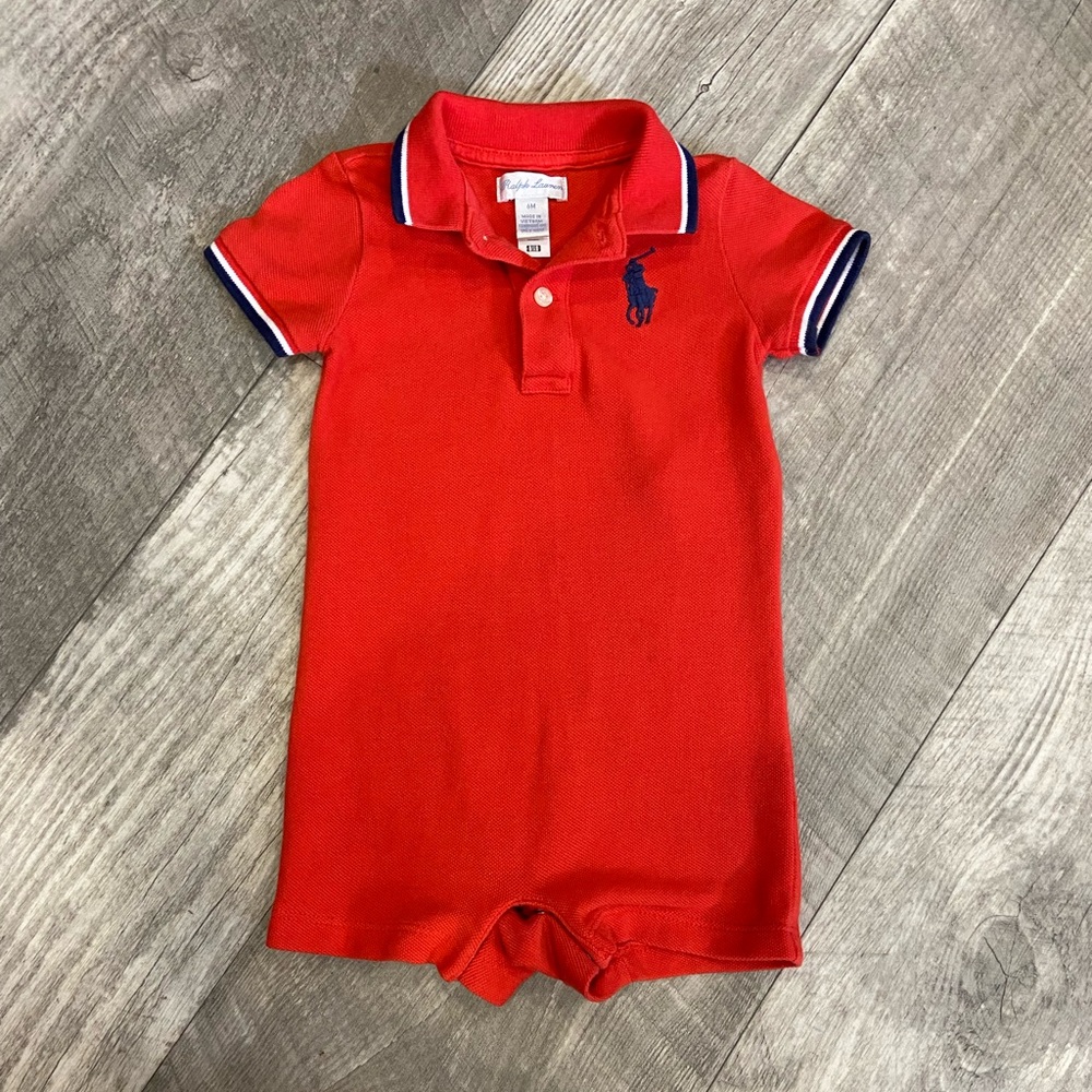 Ralph Lauren Red Polo Romper with Embroidered Logo